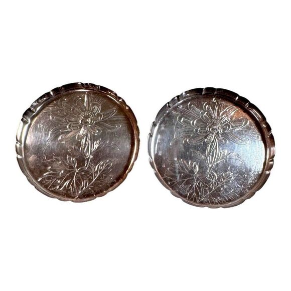 Antique Pair K Hattori Pure Silver Japan Floral Engraved Coasters 3" Lot 2 58g - Picture 1 of 6